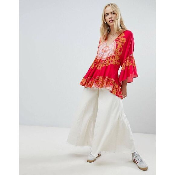 Free People Sunset Dreams printed flare sleeve blouse sz Small red - Picture 16 of 16